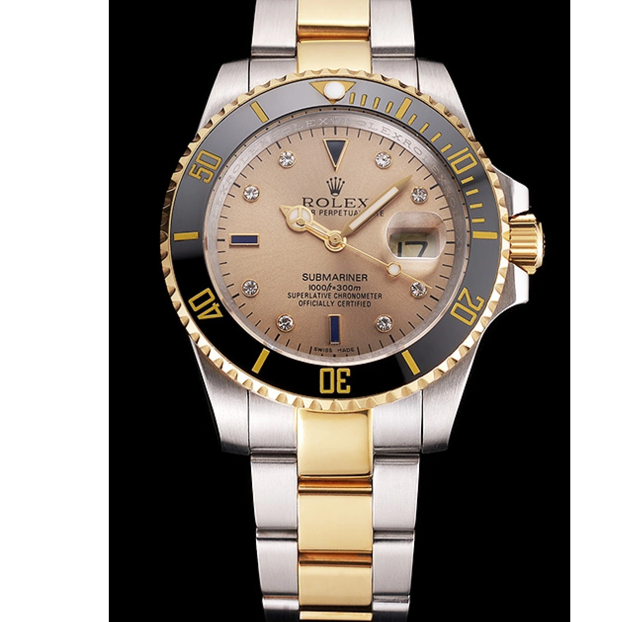Aaa fake watches Dial Two Bracelet Markings Gold Black Swiss Diamond Gold Steel Submariner Bezel Tone Rolex 0819